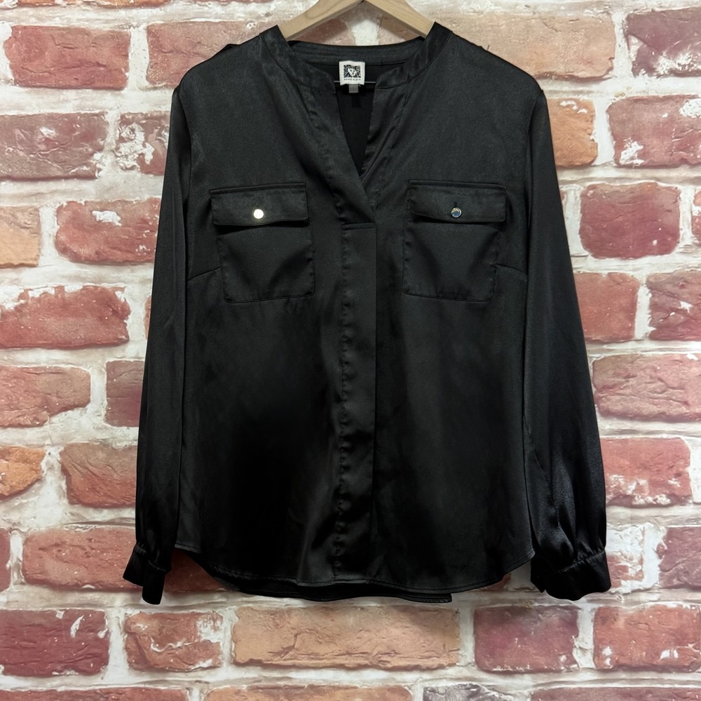 Anne Klein Top Women's Large Plain Black Satin Pocketed Casual Career Shirt